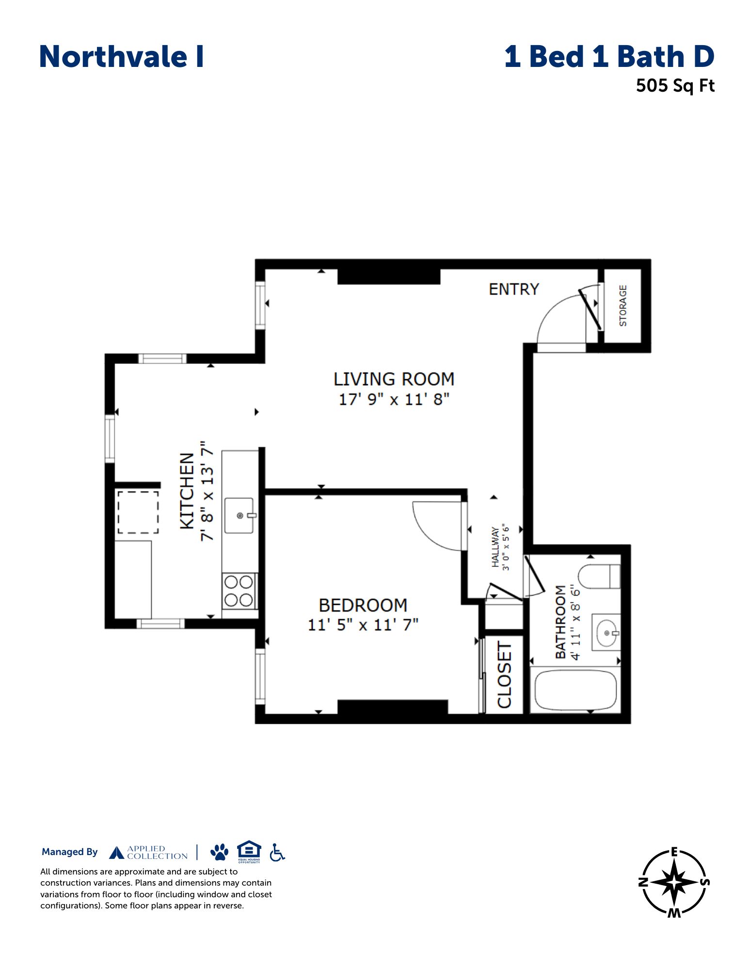 Floor plan for 1 bed, 1 bath, 505 sqft